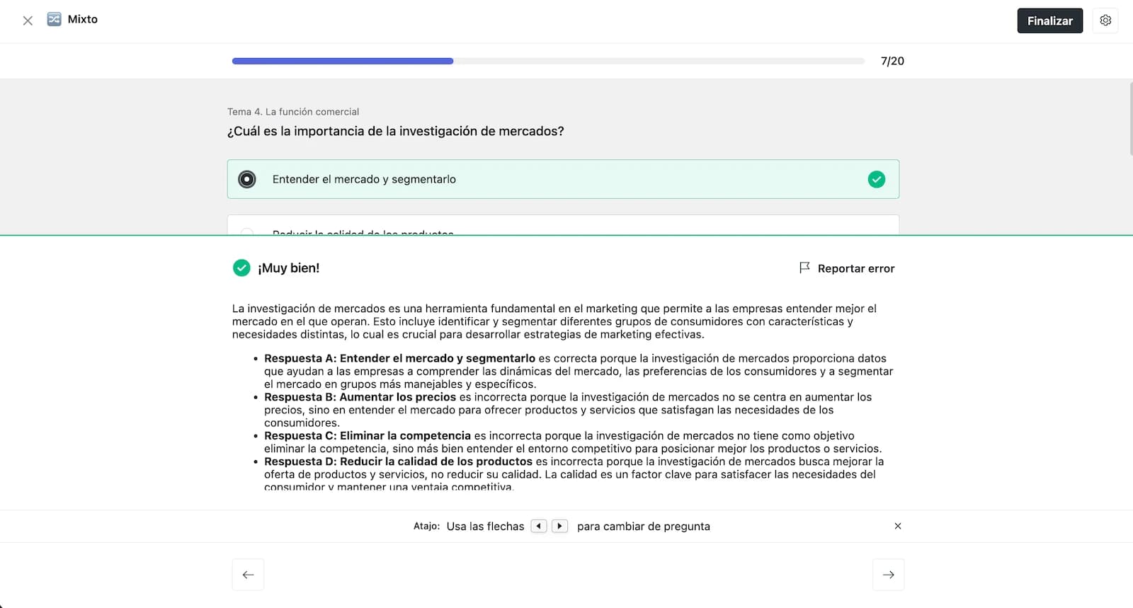 Resultados de tests y simulacros con seguimiento del progreso